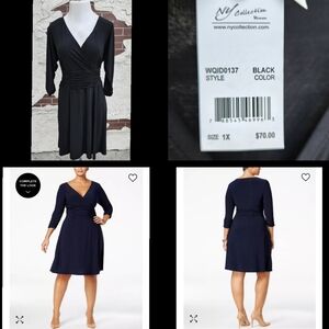 $70 New 1X women NY COLLECTION ruched faux wrap black stretchy dress black